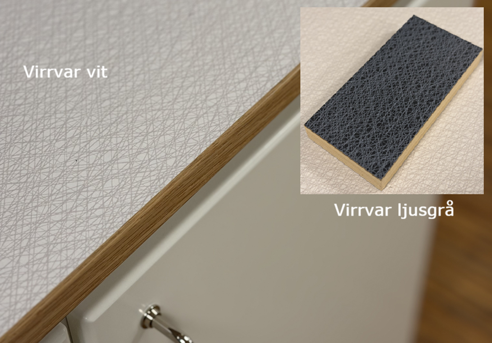 Närbild på bänkskiva virrvarr ljusgrå med eklist och en inklippt mindre bild på bänkskiva virrvar grå.