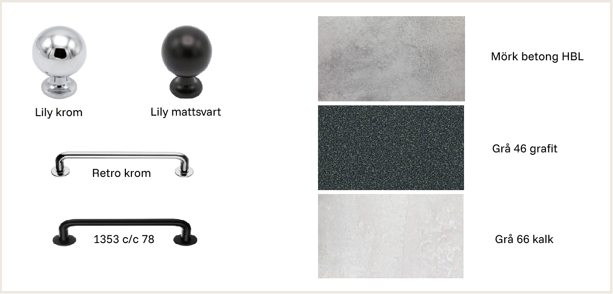 Bild visar urval av knoppar, handtag och bänkskivor till kök.