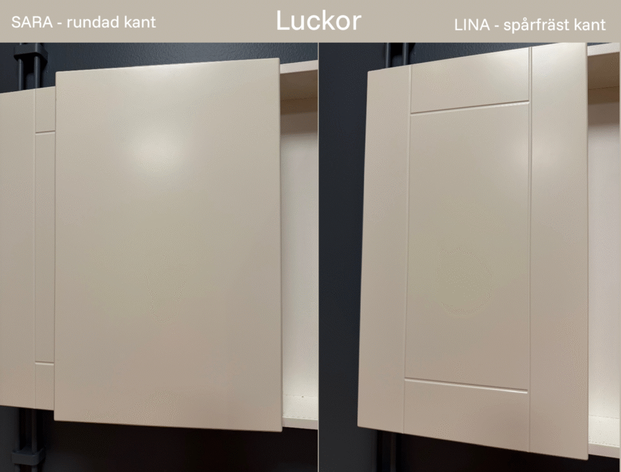 Närbilder på två köksluckor i antikvit. En slät lucka och en med spegelprofil.