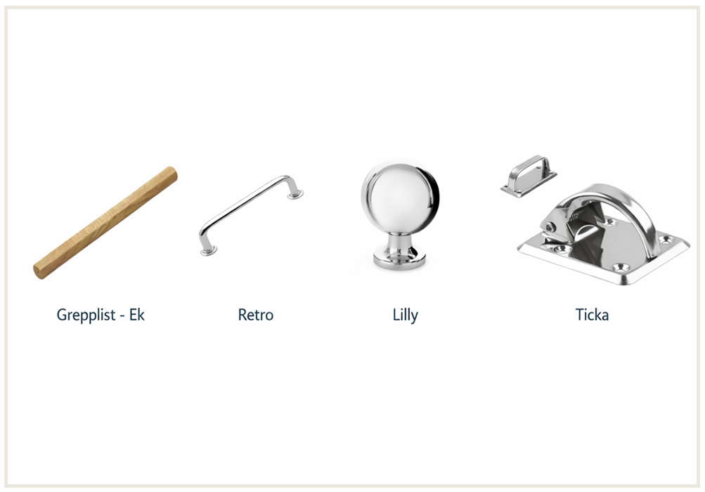 Vild visar 5 olika handtag. En i trä och 4 i rostfritt stål.