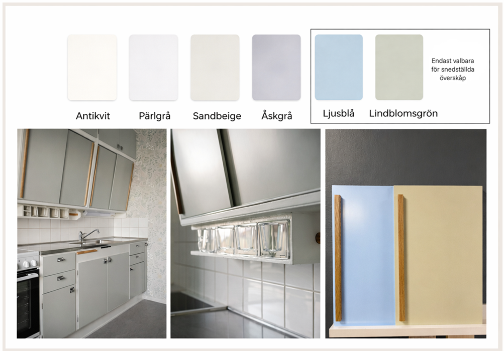 Bild visar kök i 40-50-tals stil, två skjutluckor med grepplist och olika färgval på köksluckor.